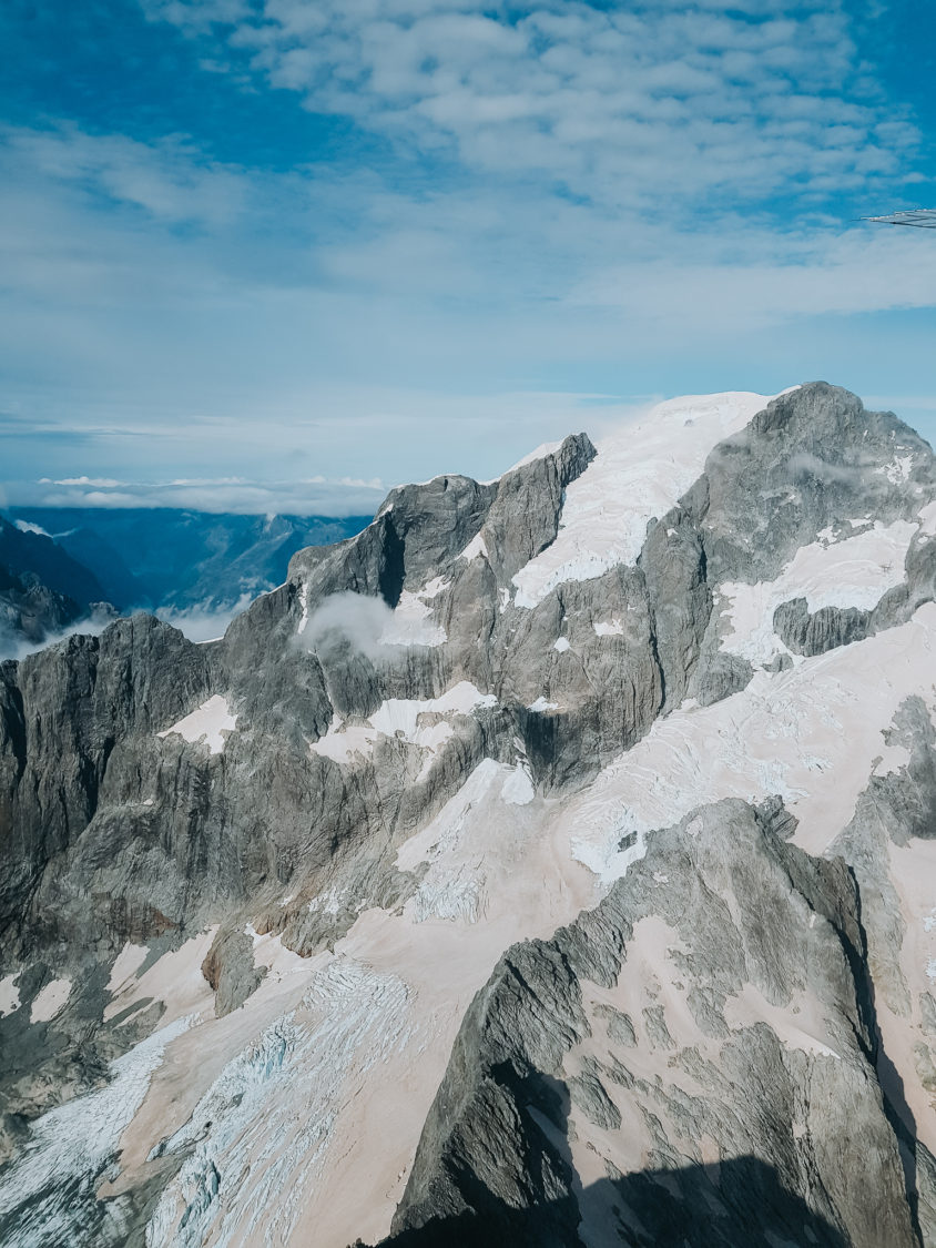 New Zealand snow capped mountains seen from above, near Milford Sound