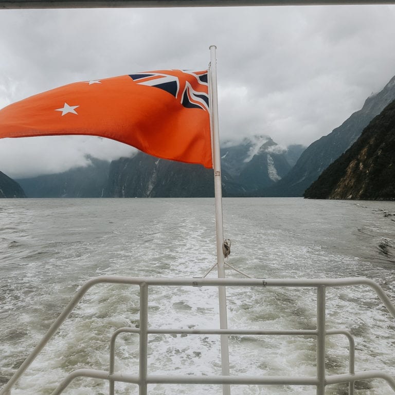 New Zealand flag in Milford Sound