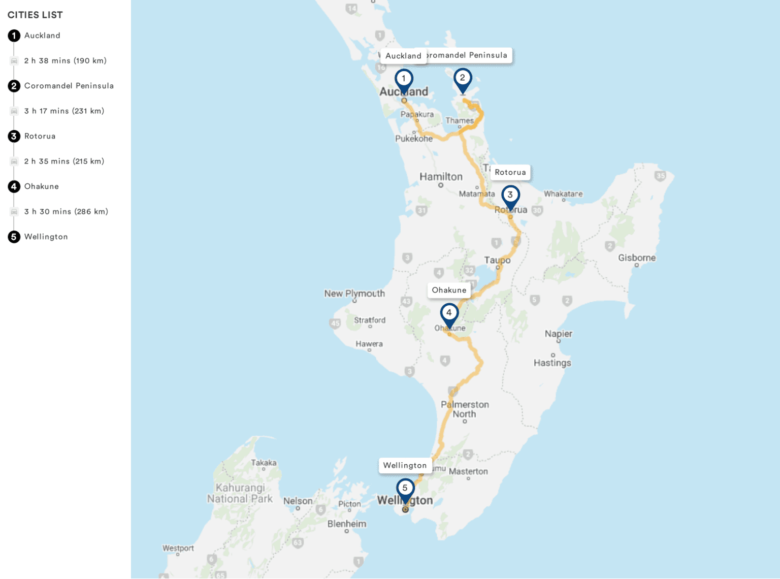 Map with itinerary for a New Zealand Road trip in North Island