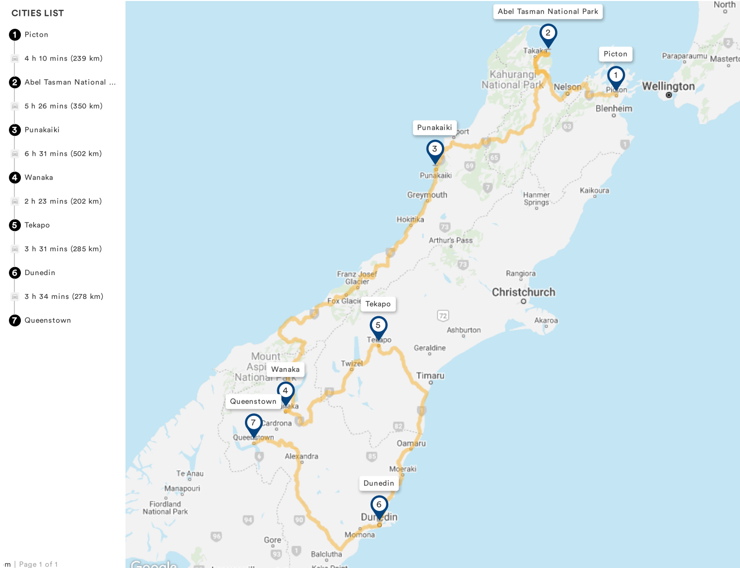 Map with itinerary for a New Zealand Road trip in South Island